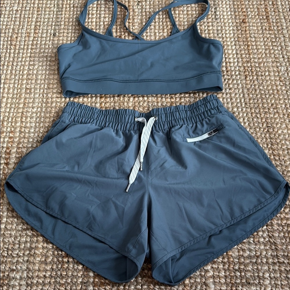 Vuori blue grey Athletic Shorts and matching sports bra